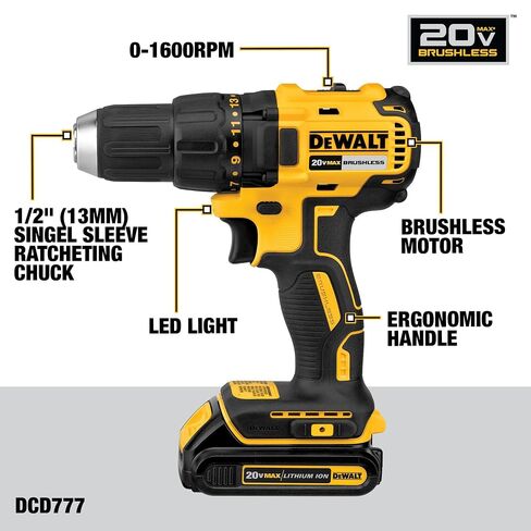 DEWALT 20V MAX Cordless Drill Driver Set, Electric Drill, Brushless 1/2 In 2 Speed, 2.0 Ah Battery and Charger Included, LED Light (DCD777D1) in Kuwait