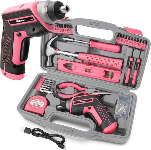 Hi-Spec 35-Piece Tool Kit with 3.6V USB Small Electric Screwdriver Set, Pink Drill Set for Women, Tool Kit for Home in Kuwait