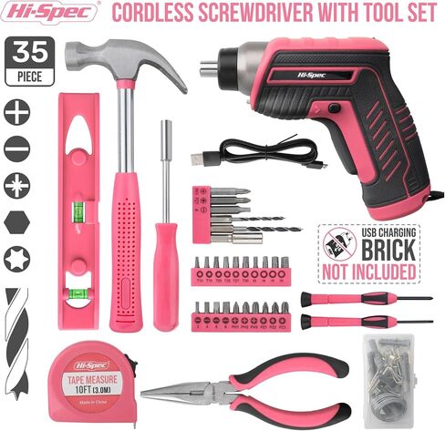 Hi-Spec 35-Piece Tool Kit with 3.6V USB Small Electric Screwdriver Set, Pink Drill Set for Women, Tool Kit for Home in Kuwait