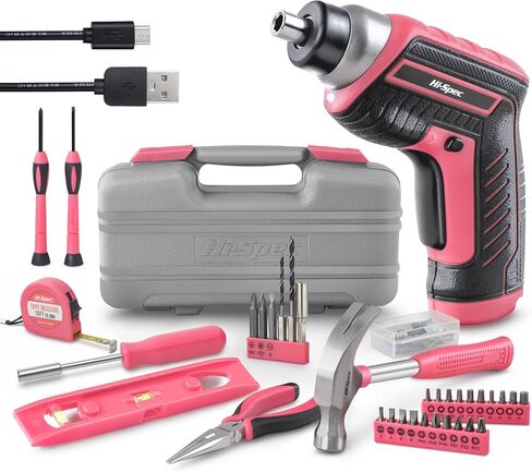 Hi-Spec 35-Piece Tool Kit with 3.6V USB Small Electric Screwdriver Set, Pink Drill Set for Women, Tool Kit for Home in Kuwait