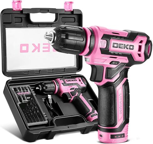 Cordless Drill：DEKOPRO 12V Power Drill Set with Pink 800RPM Electric Drills with Tool Set Gift Box, Pink Drill Set for Women in Kuwait