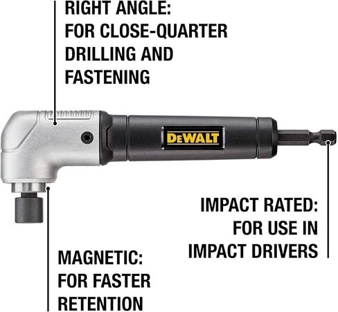 DEWALT Impact Ready 1.5 in Right Angle Drill Attachment, Magnetic Compact Ergonomic 90 Degree Drill Adapter (DWARA120) | Compact 1.5 in Footprint, Metal-Gear Case, Impact-Rated, Fits 1/4 in Internal-Hex Drivers, Magnetic Fastener Retention in Kuwait