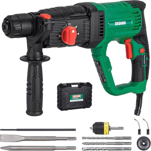 1" SDS-Plus Lightweight Concrete Rotary Hammer Drill w/ 1/2" Adapter | 9 Amp Corded Electric 7.2 Lbs 4 Functions & Reverse Variable Speed Safety Clutch Rotomartillo w/ 3 Drill Bits 2 Chisels Case in Kuwait