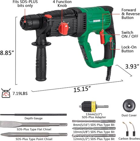 1" SDS-Plus Lightweight Concrete Rotary Hammer Drill w/ 1/2" Adapter | 9 Amp Corded Electric 7.2 Lbs 4 Functions & Reverse Variable Speed Safety Clutch Rotomartillo w/ 3 Drill Bits 2 Chisels Case in Kuwait