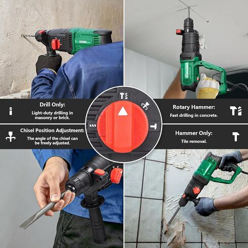 1" SDS-Plus Lightweight Concrete Rotary Hammer Drill w/ 1/2" Adapter | 9 Amp Corded Electric 7.2 Lbs 4 Functions & Reverse Variable Speed Safety Clutch Rotomartillo w/ 3 Drill Bits 2 Chisels Case in Kuwait