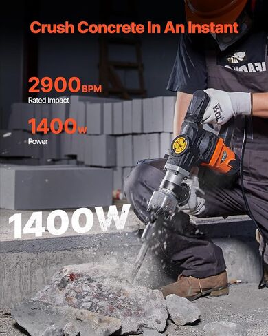 VEVOR Demolition Jack Hammer, MAX 1400W Electric Jackhammer Heavy Duty, 2900 BPM Concrete Breaker 2pcs Chisels Bits Chipping W/Case, Gloves in Kuwait