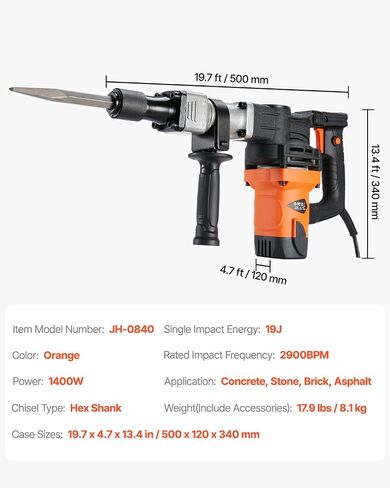 VEVOR Demolition Jack Hammer, MAX 1400W Electric Jackhammer Heavy Duty, 2900 BPM Concrete Breaker 2pcs Chisels Bits Chipping W/Case, Gloves in Kuwait