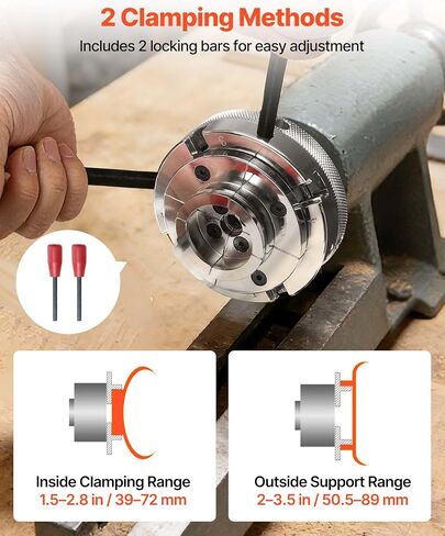 VEVOR 4 Inch Wood Lathe Chuck, 4-Jaw, Self-Centering Wood Turning Chuck Set with 1" x 8TPI Thread & Adapter, Nickel-Plated, High-Hardness Steel, Inside Clamping & Outside Support, for Woodworking in Kuwait