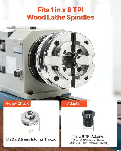 VEVOR 4 Inch Wood Lathe Chuck, 4-Jaw, Self-Centering Wood Turning Chuck Set with 1" x 8TPI Thread & Adapter, Nickel-Plated, High-Hardness Steel, Inside Clamping & Outside Support, for Woodworking in Kuwait
