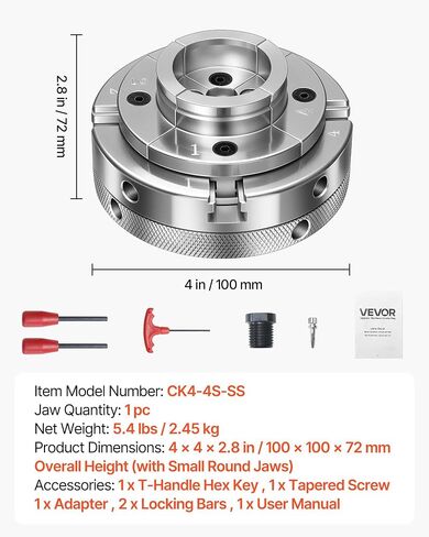 VEVOR 4 Inch Wood Lathe Chuck, 4-Jaw, Self-Centering Wood Turning Chuck Set with 1" x 8TPI Thread & Adapter, Nickel-Plated, High-Hardness Steel, Inside Clamping & Outside Support, for Woodworking in Kuwait
