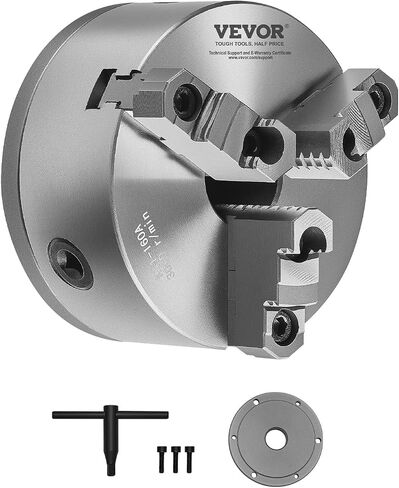 VEVOR 3-Jaw Lathe Chuck, 6 Inch (160 mm), Self-Centering Chuck with 1 1/2 in-8 Threaded Backing Plate, 0.12-5.71 in (3-145 mm) Clamping Range with T-wrench Screws, HT300 Material, for Wood Metal Lathe in Kuwait