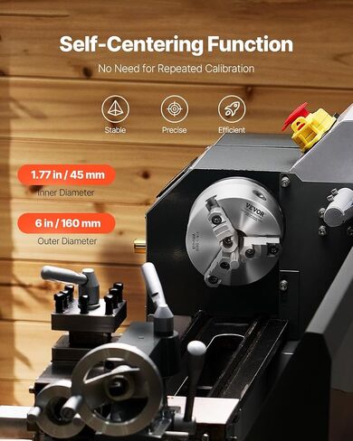 VEVOR 3-Jaw Lathe Chuck, 6 Inch (160 mm), Self-Centering Chuck with 1 1/2 in-8 Threaded Backing Plate, 0.12-5.71 in (3-145 mm) Clamping Range with T-wrench Screws, HT300 Material, for Wood Metal Lathe in Kuwait