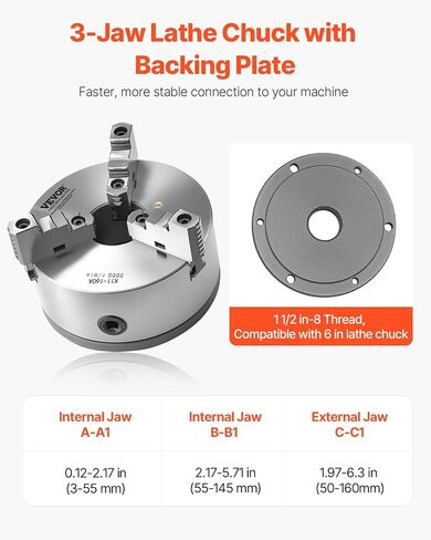 VEVOR 3-Jaw Lathe Chuck, 6 Inch (160 mm), Self-Centering Chuck with 1 1/2 in-8 Threaded Backing Plate, 0.12-5.71 in (3-145 mm) Clamping Range with T-wrench Screws, HT300 Material, for Wood Metal Lathe in Kuwait