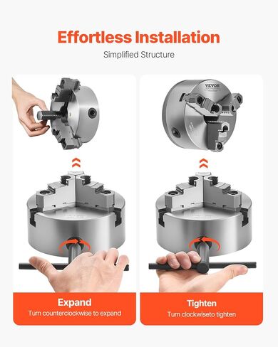 VEVOR 3-Jaw Lathe Chuck, 6 Inch (160 mm), Self-Centering Chuck with 1 1/2 in-8 Threaded Backing Plate, 0.12-5.71 in (3-145 mm) Clamping Range with T-wrench Screws, HT300 Material, for Wood Metal Lathe in Kuwait