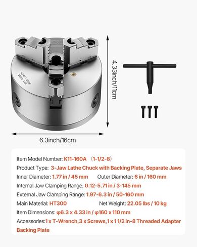 VEVOR 3-Jaw Lathe Chuck, 6 Inch (160 mm), Self-Centering Chuck with 1 1/2 in-8 Threaded Backing Plate, 0.12-5.71 in (3-145 mm) Clamping Range with T-wrench Screws, HT300 Material, for Wood Metal Lathe in Kuwait