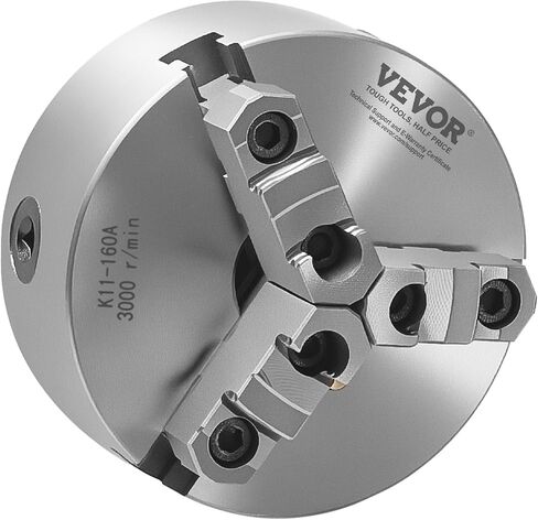 VEVOR 3-Jaw Lathe Chuck, 6 Inch (160 mm), Self-Centering Chuck with 1 1/2 in-8 Threaded Backing Plate, 0.12-5.71 in (3-145 mm) Clamping Range with T-wrench Screws, HT300 Material, for Wood Metal Lathe in Kuwait