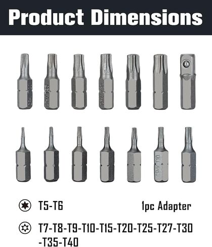 ROTATION 14-Piece Tamper Resistant Star Bits, Chrome Vanadium Steel, T5 - T40 Impact Grade Security Torx Bit Set, 1/4-inch Hex Shank in Kuwait