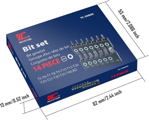 ROTATION 14-Piece Tamper Resistant Star Bits, Chrome Vanadium Steel, T5 - T40 Impact Grade Security Torx Bit Set, 1/4-inch Hex Shank in Kuwait
