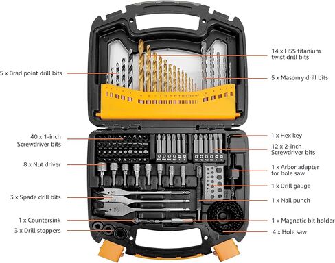 Amazon Basics Drill & Driver Multi Bit Set, Alloy Steel Drill Bits for Metal, Wood, Plastic, Masonry, with Storage Case, 100-Piece in Kuwait