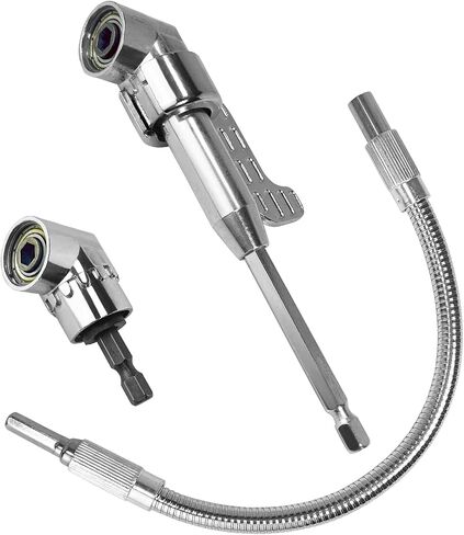Guyuyii 90°/105° Right Angle Drill Attachment Kit and 11.8" Flex Extension | for DIY, Tight-Space Drilling, Automotive, Furniture Repair with 1/4" Hex, Compatible with Power Drill/Screwdriver, Silver in Kuwait