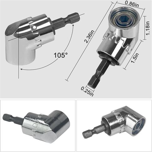 Guyuyii 90°/105° Right Angle Drill Attachment Kit and 11.8" Flex Extension | for DIY, Tight-Space Drilling, Automotive, Furniture Repair with 1/4" Hex, Compatible with Power Drill/Screwdriver, Silver in Kuwait