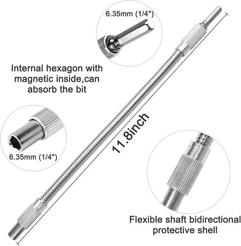 Guyuyii 90°/105° Right Angle Drill Attachment Kit and 11.8" Flex Extension | for DIY, Tight-Space Drilling, Automotive, Furniture Repair with 1/4" Hex, Compatible with Power Drill/Screwdriver, Silver in Kuwait