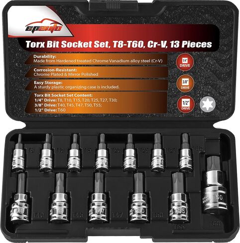 EPAuto Torx Bit Socket Set, Star Socket T8-T60, Cr-V, 13 Pieces in Kuwait