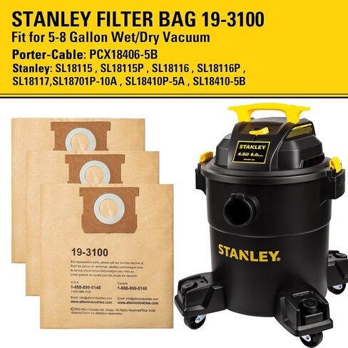 3 Pack STANLEY Filter Bag 19-3100, for 5-8 Gallon Wet/Dry Vacuum, Compatible with STANLEY SL18115 SL18115P SL18116 SL18116P SL18117 SL18701P-10A SL18410P-5A SL18410-5B and Porter-Cable PCX18406-5B in Kuwait