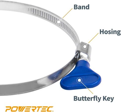POWERTEC 70260 4 Inch Key Hose Clamp, Thumb Screw Key Adjustable Stainless Steel Hose Clamps for Dust Collection, Dust Collector and Dryer Vent Hose, Pipe Clamp, RV Clamp, Worm Gear Clamp, 10 pack in Kuwait
