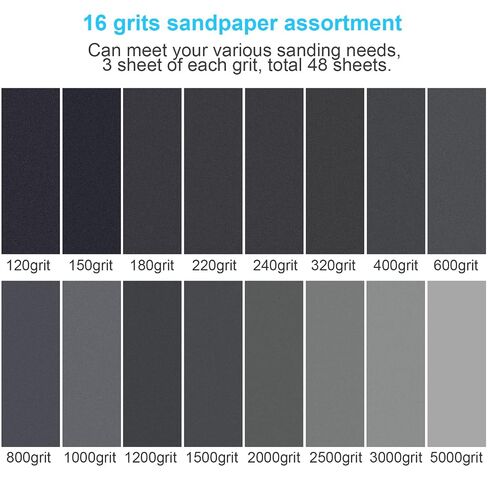 Sand Paper, 48 PCS Sandpaper, 120 to 5000 Assorted Grit Sandpaper Sheets, 9 x 3.6 Inch Premium Wet Dry Sandpaper for Wood Furniture Finishing, Metal Sanding, Automotive Polishing in Kuwait