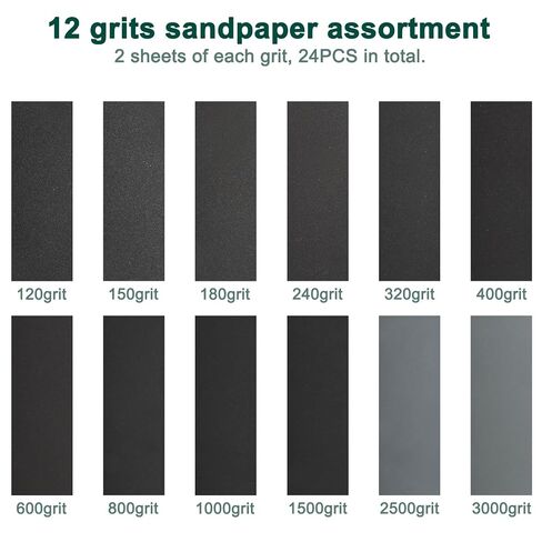 24PCS Sandpaper Assortment 12 Grits Wet Dry Sandpaper Sheets,Silicon Carbide Sanding Paper 120 to 3000 Grit Fine Sandpapers and Coarse Sand Paper for Metal, Wood Furniture and Automotive (9x3.6 Inch) in Kuwait
