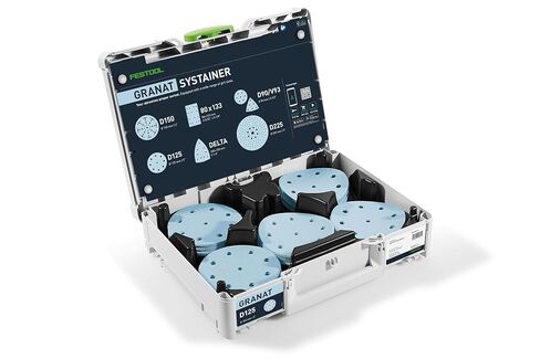 Festool 578193 Granat 5-Inch (125mm) Abrasive Systainer³ SYS-STF D125 GR-Set | 125 mm sandpaper assortment P60-P220, for random orbital sanders, in Systainer M 112, ideal for VOC paints and hardwood in Kuwait