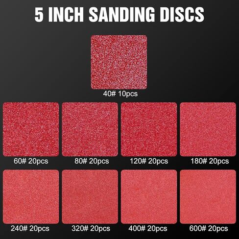170 Pcs 5 inch Sanding Discs 40 60 80 120 180 240 320 400 600 Grit 8 Hole Hook and Loop Round Sandpaper for Random Orbital Sander in Kuwait