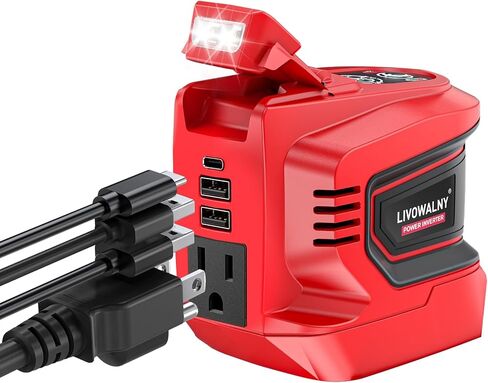 LIVOWALNY 220W-250W Power Inverter, Compatible with DeWALT 20V Battery, DC 20V to AC 110V-120V Portable Power Inverter, 1 AC Outlet, 2 USB Ports & 1 Type-C Port, Adjustable LED Work Light, (Tool Only) in Kuwait