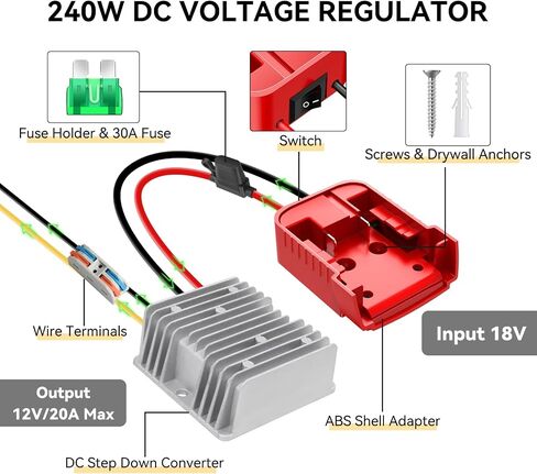 18V to 12V Step Down Converter for Milwaukee M18 Battery, 240W DC 12V Voltage Regulator for Power Wheel Adapter, Ride On Toy Car, DIY Projects, Buck Converter with Switch & Over-Discharge Protection in Kuwait