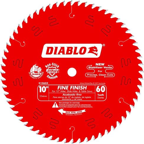 Diablo Fine Finish Saw Blade for Wood - Ultra-Smooth Cuts, 60 Hi-ATB Teeth, 10" Diameter, .098" Kerf, 5/8" Arbor - D1060X | 10 Dia, 60 Hi-Atb Tico Carbide Teeth, 098 Laser-Cut Thin Kerf, Perma-Shield Coating in Kuwait