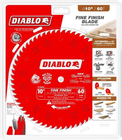 Diablo Fine Finish Saw Blade for Wood - Ultra-Smooth Cuts, 60 Hi-ATB Teeth, 10" Diameter, .098" Kerf, 5/8" Arbor - D1060X | 10 Dia, 60 Hi-Atb Tico Carbide Teeth, 098 Laser-Cut Thin Kerf, Perma-Shield Coating in Kuwait