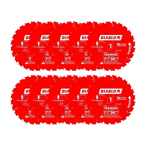 Diablo Framing Saw Blade for Wood - 7-1/4" x 24-Tooth, Thin Kerf, Anti-Vibration, Long Life for Framing & Pressure-Treated Wood, Tracking Point Tooth Design - Pack of 10 - D0724A in Kuwait