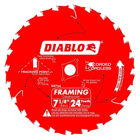 Diablo Framing Saw Blade for Wood - 7-1/4" x 24-Tooth, Thin Kerf, Anti-Vibration, Long Life for Framing & Pressure-Treated Wood, Tracking Point Tooth Design - Pack of 10 - D0724A in Kuwait