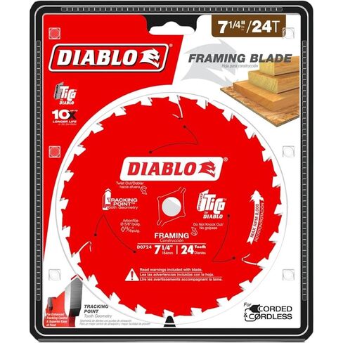 Diablo Framing Saw Blade for Wood - 7-1/4" x 24-Tooth, Thin Kerf, Anti-Vibration, Long Life for Framing & Pressure-Treated Wood, Tracking Point Tooth Design - Pack of 10 - D0724A in Kuwait