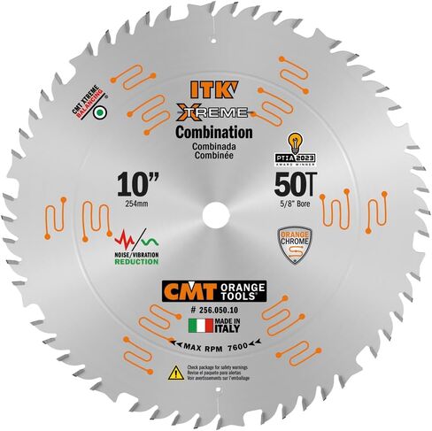 CMT Orange Tools 256.050.10 - Combination Saw Blade D=10 B=5/8 ß=4 ATB 15 + 1 FLAT K=0.102 P=0.071 a=15 | 10-In. Blade Diameter | 50-Tooth Combination Grind | 5/8-In. Arbor | Carbide-Tipped Teeth | Smooth Rip & Crosscuts in Kuwait