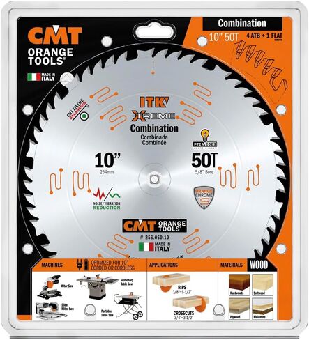 CMT Orange Tools 256.050.10 - Combination Saw Blade D=10 B=5/8 ß=4 ATB 15 + 1 FLAT K=0.102 P=0.071 a=15 | 10-In. Blade Diameter | 50-Tooth Combination Grind | 5/8-In. Arbor | Carbide-Tipped Teeth | Smooth Rip & Crosscuts in Kuwait