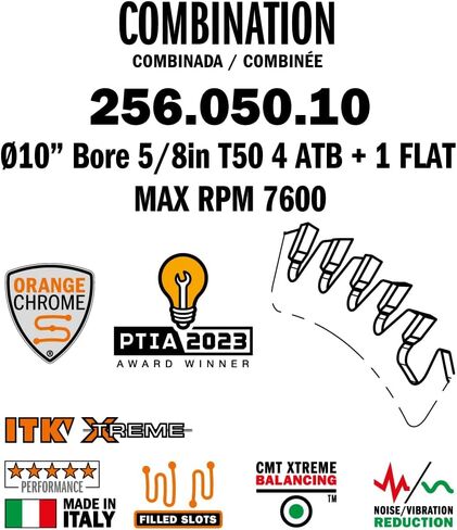 CMT Orange Tools 256.050.10 - Combination Saw Blade D=10 B=5/8 ß=4 ATB 15 + 1 FLAT K=0.102 P=0.071 a=15 | 10-In. Blade Diameter | 50-Tooth Combination Grind | 5/8-In. Arbor | Carbide-Tipped Teeth | Smooth Rip & Crosscuts in Kuwait