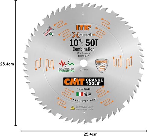CMT Orange Tools 256.050.10 - Combination Saw Blade D=10 B=5/8 ß=4 ATB 15 + 1 FLAT K=0.102 P=0.071 a=15 | 10-In. Blade Diameter | 50-Tooth Combination Grind | 5/8-In. Arbor | Carbide-Tipped Teeth | Smooth Rip & Crosscuts in Kuwait