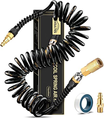 EVOULTES 1/4 In x 28 Ft Polyurethane Recoil Air Hose, Upgraded Air Compressor Hose with Repairable Bend Restrictor, Air Hose kit w/ 360° Swivel 1/4" NPT Coupler & Brass Quick Connect Air Fittings in Kuwait
