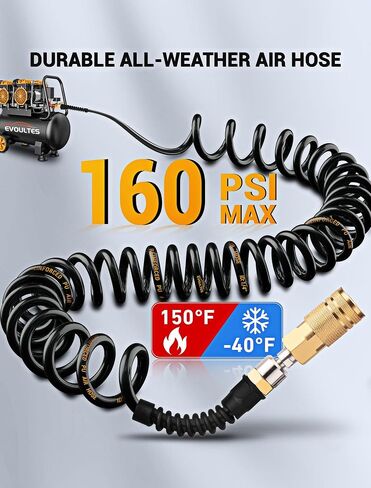 EVOULTES 1/4 In x 28 Ft Polyurethane Recoil Air Hose, Upgraded Air Compressor Hose with Repairable Bend Restrictor, Air Hose kit w/ 360° Swivel 1/4" NPT Coupler & Brass Quick Connect Air Fittings in Kuwait
