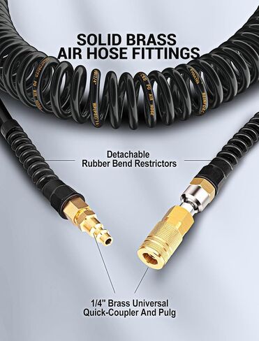 EVOULTES 1/4 In x 28 Ft Polyurethane Recoil Air Hose, Upgraded Air Compressor Hose with Repairable Bend Restrictor, Air Hose kit w/ 360° Swivel 1/4" NPT Coupler & Brass Quick Connect Air Fittings in Kuwait
