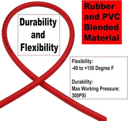 YOTOO Hybrid Air Hose 3/8-Inch by 50-Feet 300 PSI Heavy Duty, Lightweight, Kink Resistant, All-Weather Flexibility with 1/4-Inch Brass Male Fittings, Bend Restrictors, Red in Kuwait