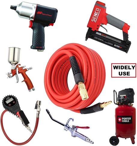 YOTOO Hybrid Air Hose 3/8-Inch by 50-Feet 300 PSI Heavy Duty, Lightweight, Kink Resistant, All-Weather Flexibility with 1/4-Inch Brass Male Fittings, Bend Restrictors, Red in Kuwait