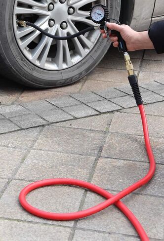 YOTOO Hybrid Air Hose 3/8-Inch by 50-Feet 300 PSI Heavy Duty, Lightweight, Kink Resistant, All-Weather Flexibility with 1/4-Inch Brass Male Fittings, Bend Restrictors, Red in Kuwait